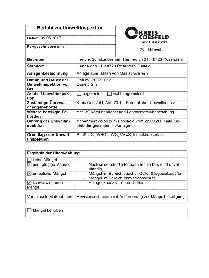 
Bericht zur Umweltinspektion - Betrieb von Hendrik Schulze-Bremer, Rosensdahl Darfeld





Ergebnisse der angemeldeten Umweltprüfung von 2 Schweinemastbetrieben - Vorsicht vor diesem Clan!