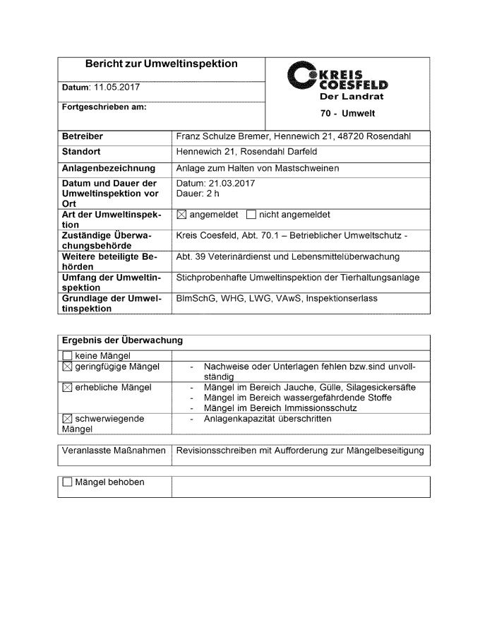 Bericht zur Umweltinspektion - Betrieb von Franz Schulze-Bremer, Rosensdahl Darfeld